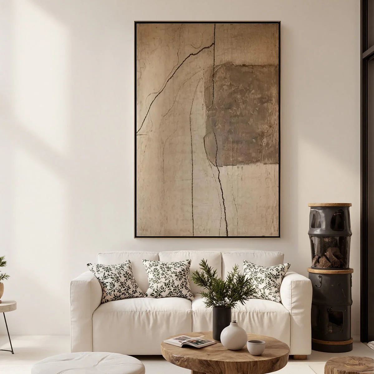 KINTSUGI TRACE: Large Wabi Sabi Textured Abstract Wall Art | gold frame stretched on neutral wall