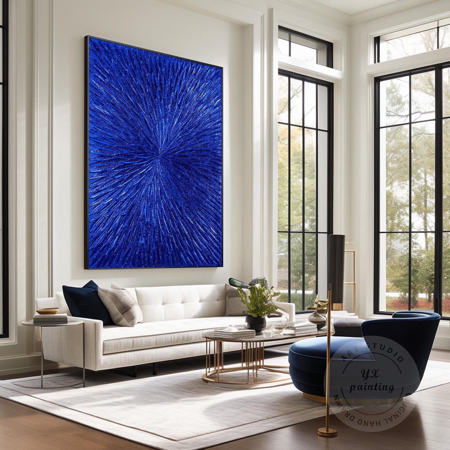 Klein Blue Foil Abstract Textured Flower Art,Royal Blue Painting Luxury Room Wal #2