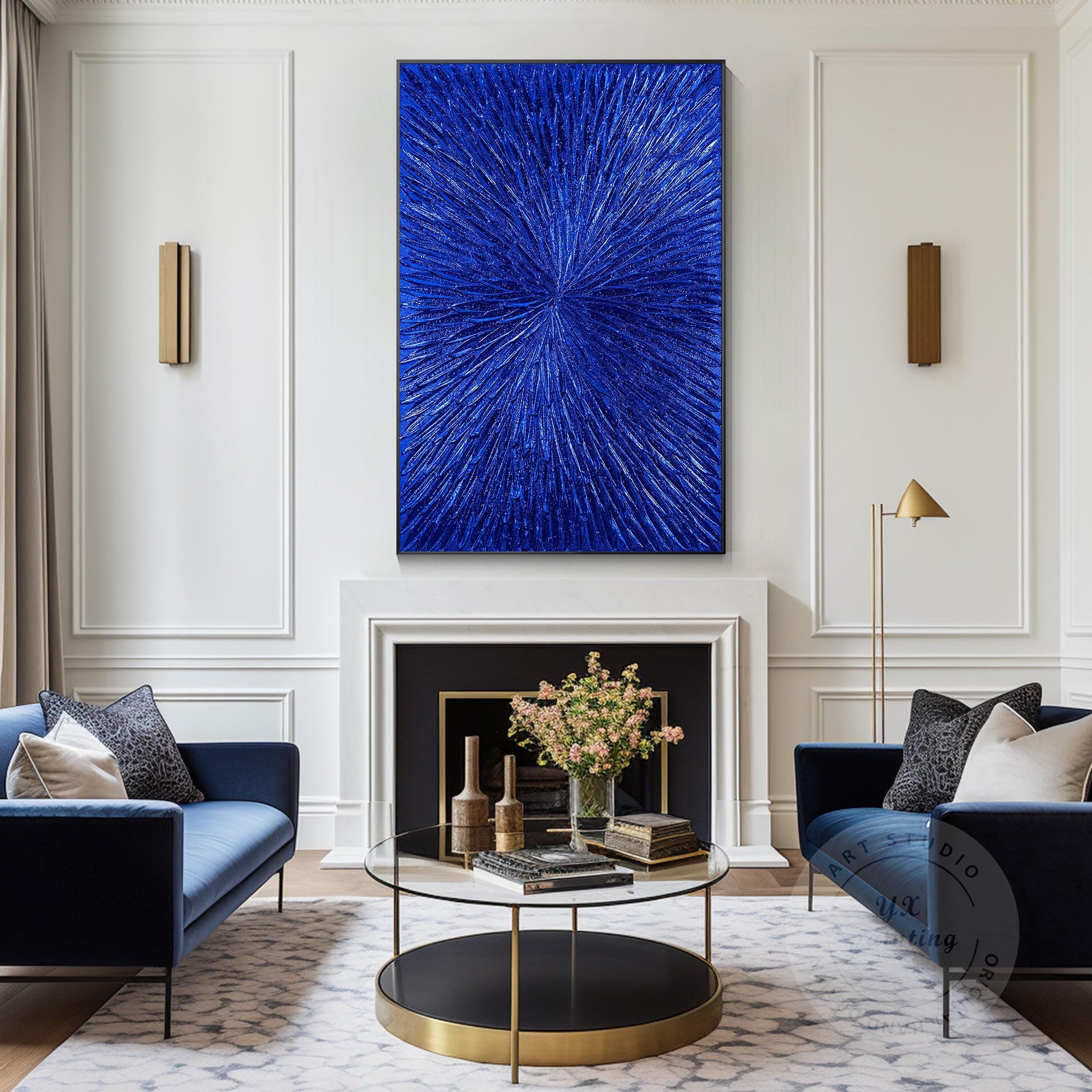 Klein Blue Foil Abstract Textured Flower Art,Royal Blue Painting Luxury Room Wal #3