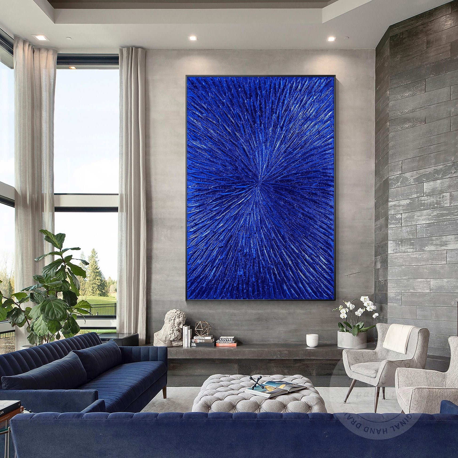 Klein Blue Foil Abstract Textured Flower Art,Royal Blue Painting Luxury Room Wal #6