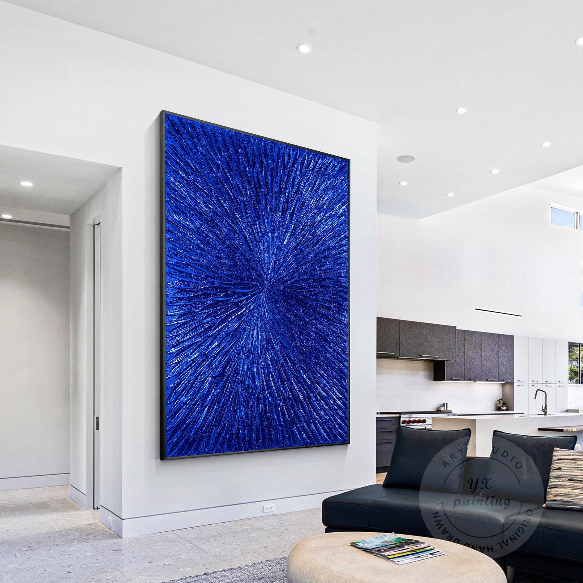 Klein Blue Foil Abstract Textured Flower Art,Royal Blue Painting Luxury Room Wal #1