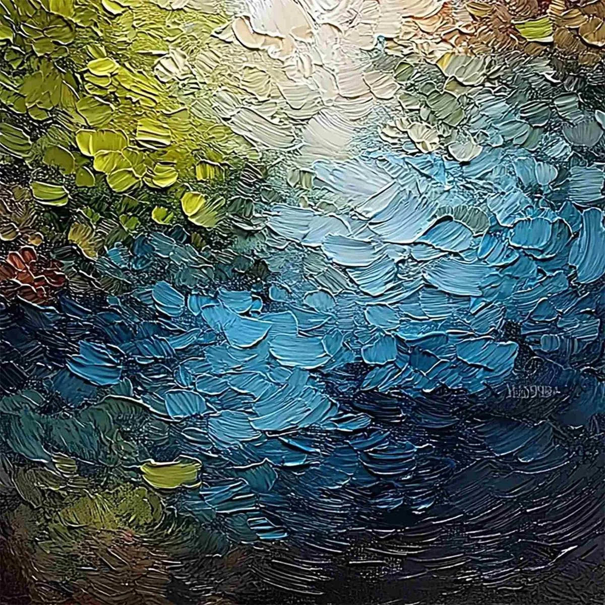 LAKESIDE REVERIE: Textured Abstract Landscape Impasto Oil Painting | rectangular format, hand-painted canvas edge