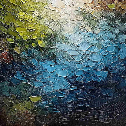 LAKESIDE REVERIE: Textured Abstract Landscape Impasto Oil Painting | rectangular format, hand-painted canvas edge