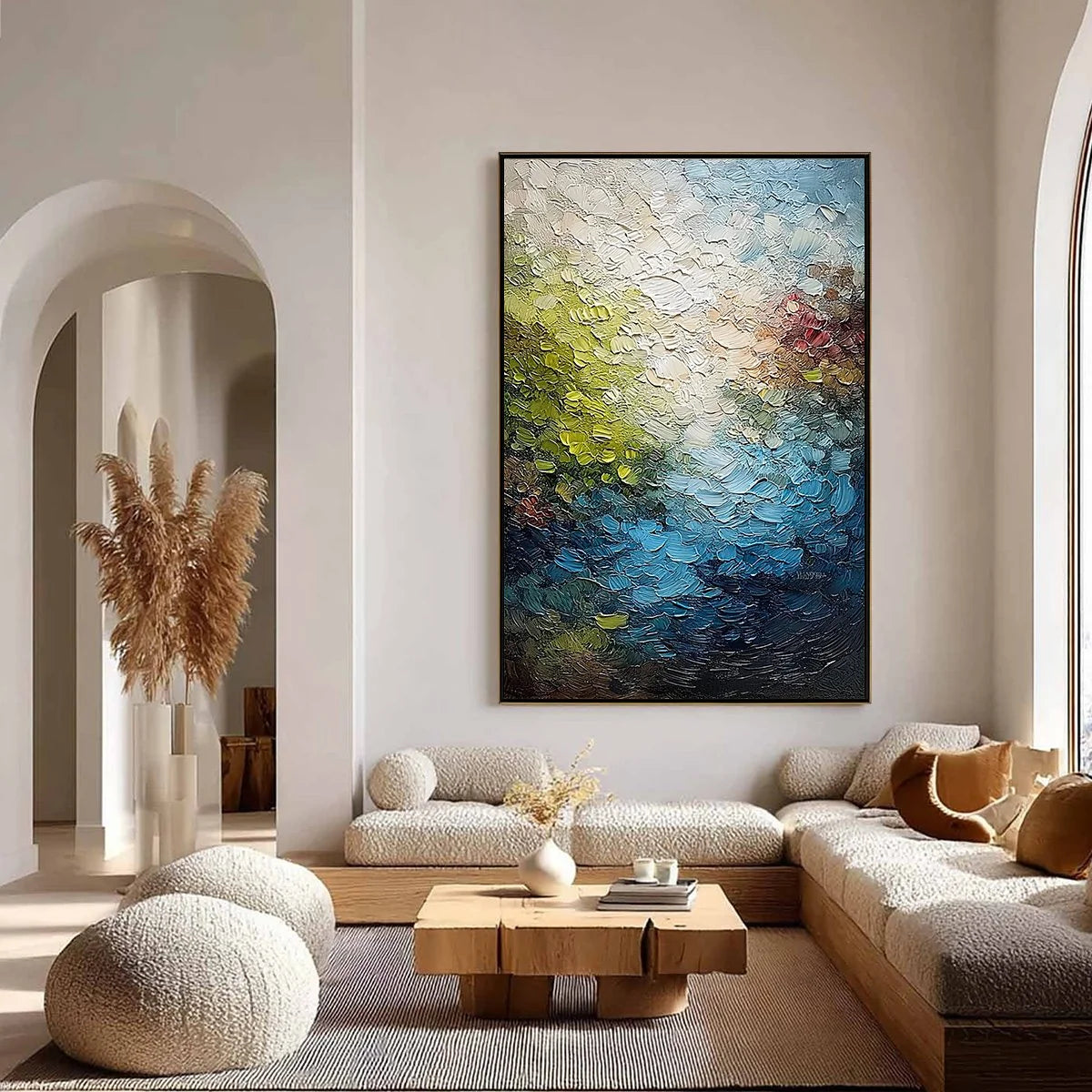LAKESIDE REVERIE: Textured Abstract Landscape Impasto Oil Painting | gold frame stretched on neutral wall