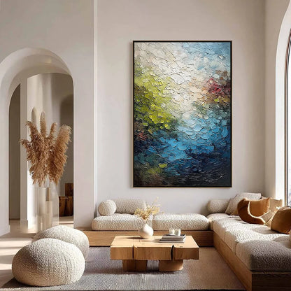 LAKESIDE REVERIE: Textured Abstract Landscape Impasto Oil Painting | gold frame stretched on neutral wall