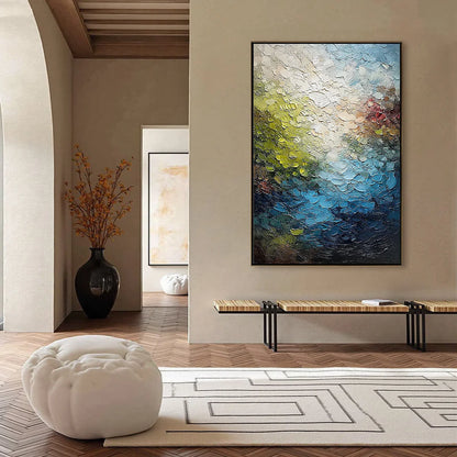LAKESIDE REVERIE: Textured Abstract Landscape Impasto Oil Painting | black frame version on white wall