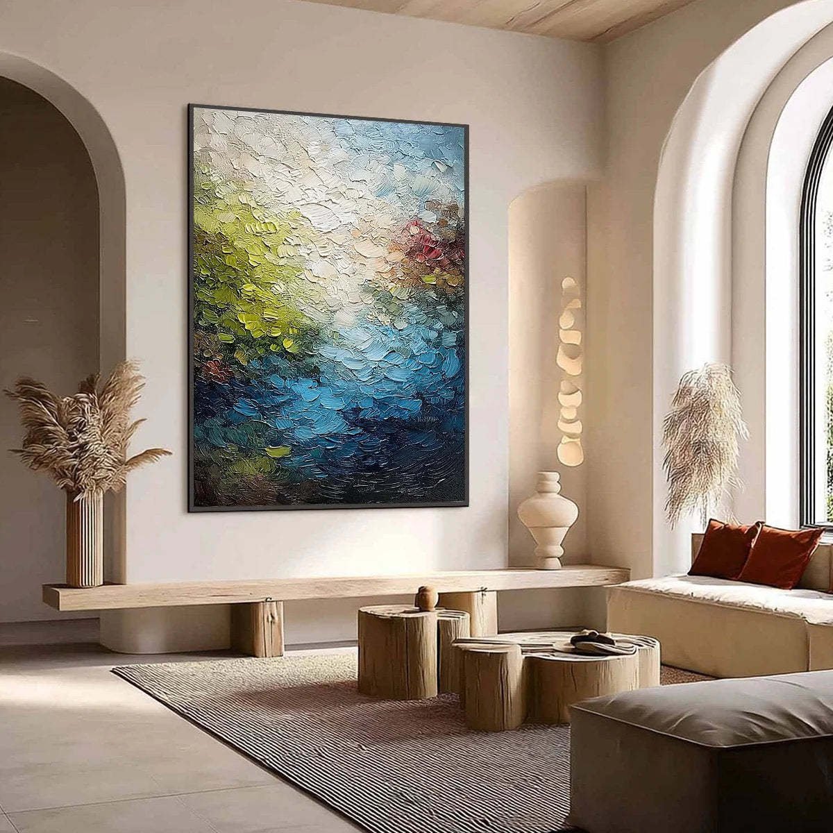 LAKESIDE REVERIE: Textured Abstract Landscape Impasto Oil Painting | Abstract mood, soft natural light studio shot