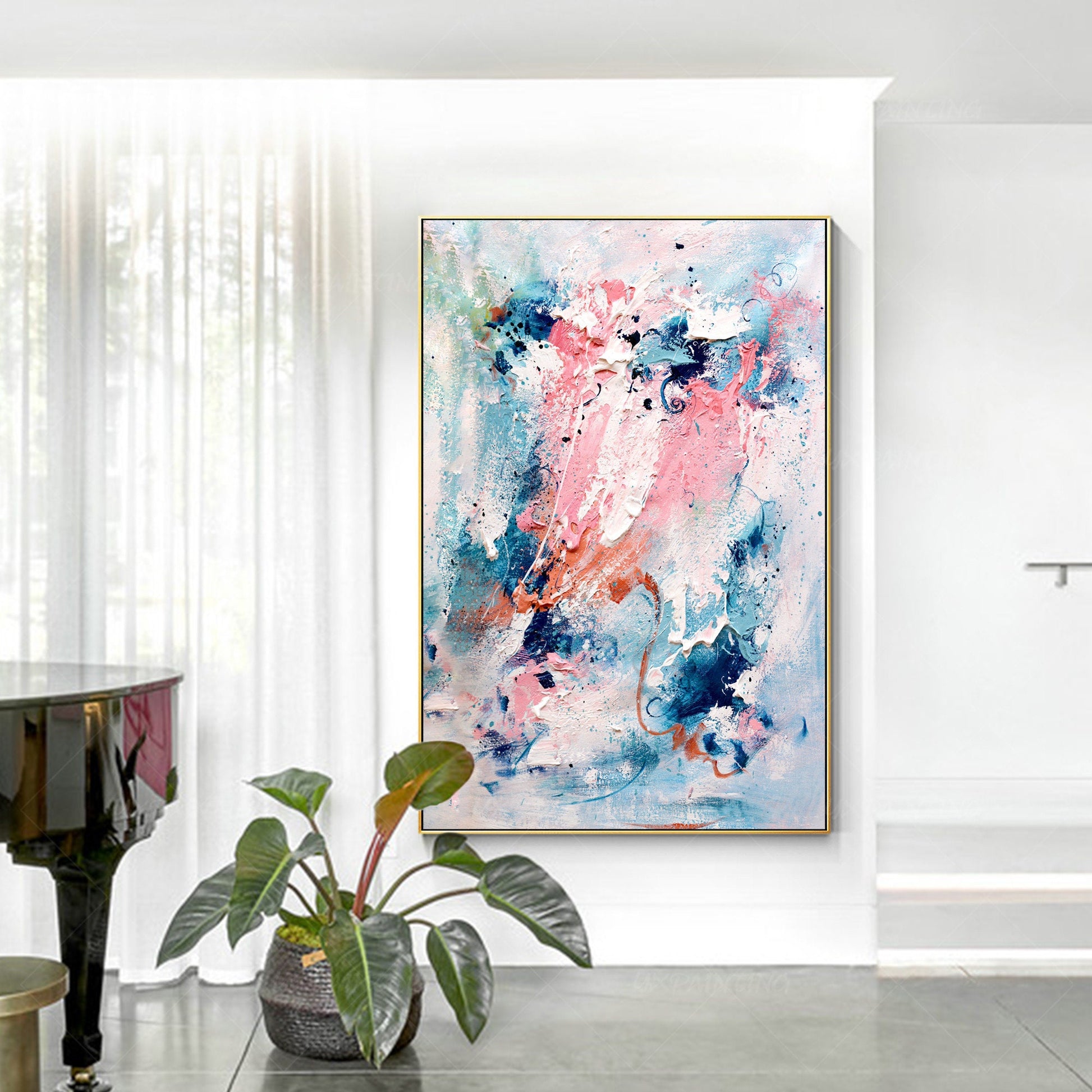 Large Abstract Acrylic Painting: Pink, Blue, Teal Textured Wall Art #2