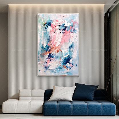 Large Abstract Acrylic Painting: Pink, Blue, Teal Textured Wall Art #3