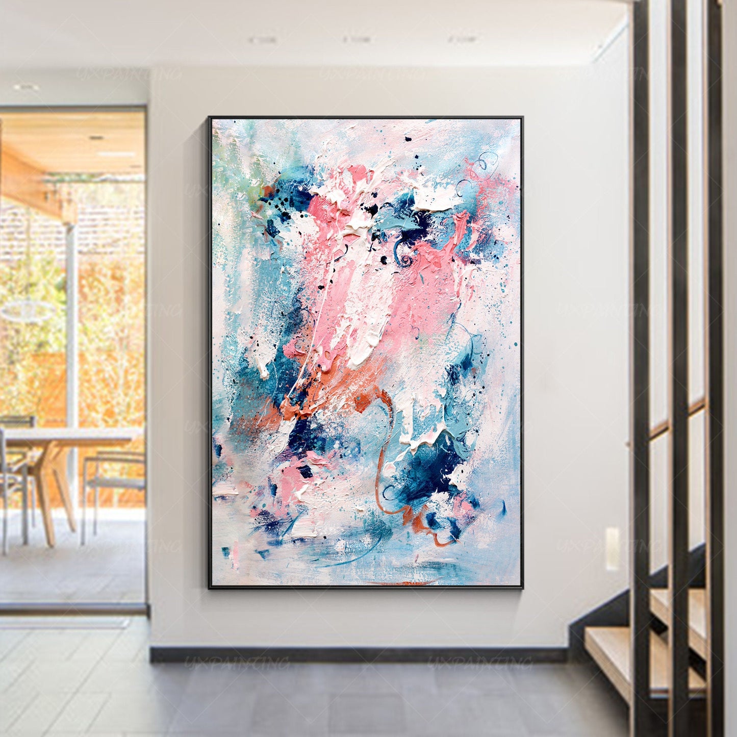 Large Abstract Acrylic Painting: Pink, Blue, Teal Textured Wall Art #5