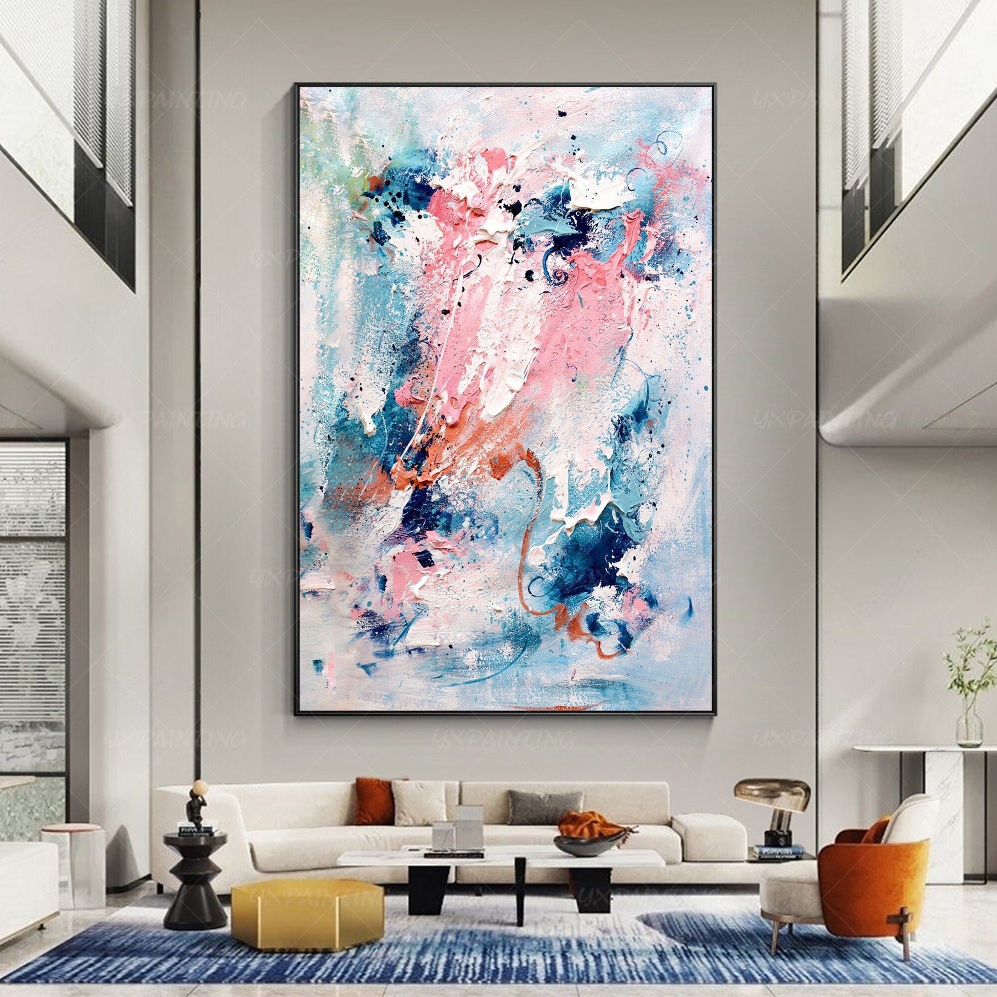 Large Abstract Acrylic Painting: Pink, Blue, Teal Textured Wall Art #1