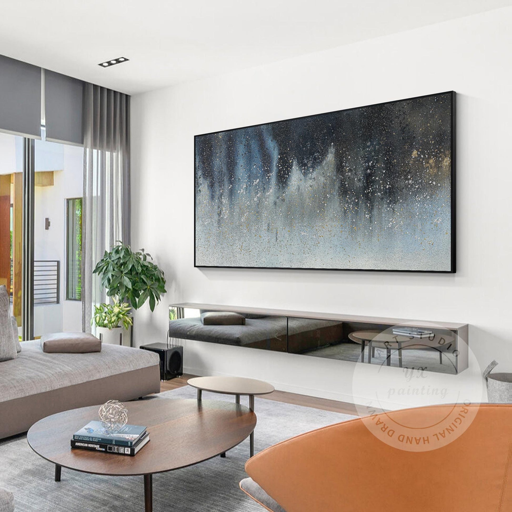 Large Abstract Canvas Painting, Navy Blue and Gold Wall Art, Elegant Modern Home #4