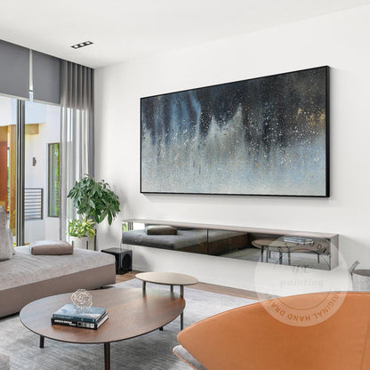 Large Abstract Canvas Painting, Navy Blue and Gold Wall Art, Elegant Modern Home #4