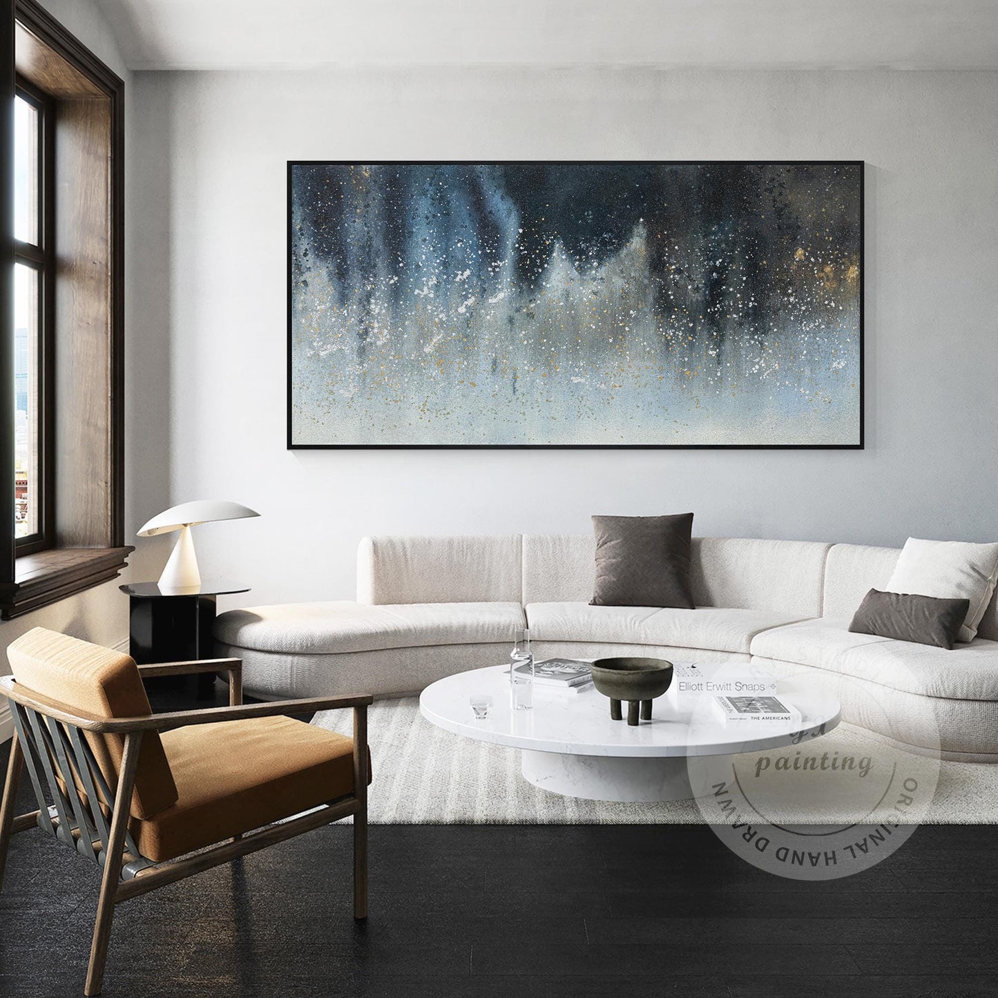 Large Abstract Canvas Painting, Navy Blue and Gold Wall Art, Elegant Modern Home #1