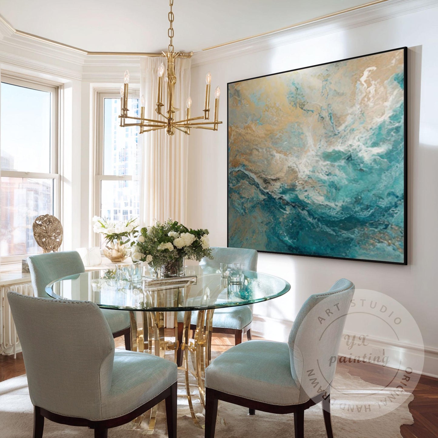 Large Abstract Ocean Wall Art, Teal Blue Coastal Painting, Beige Sea Wave Canvas #2