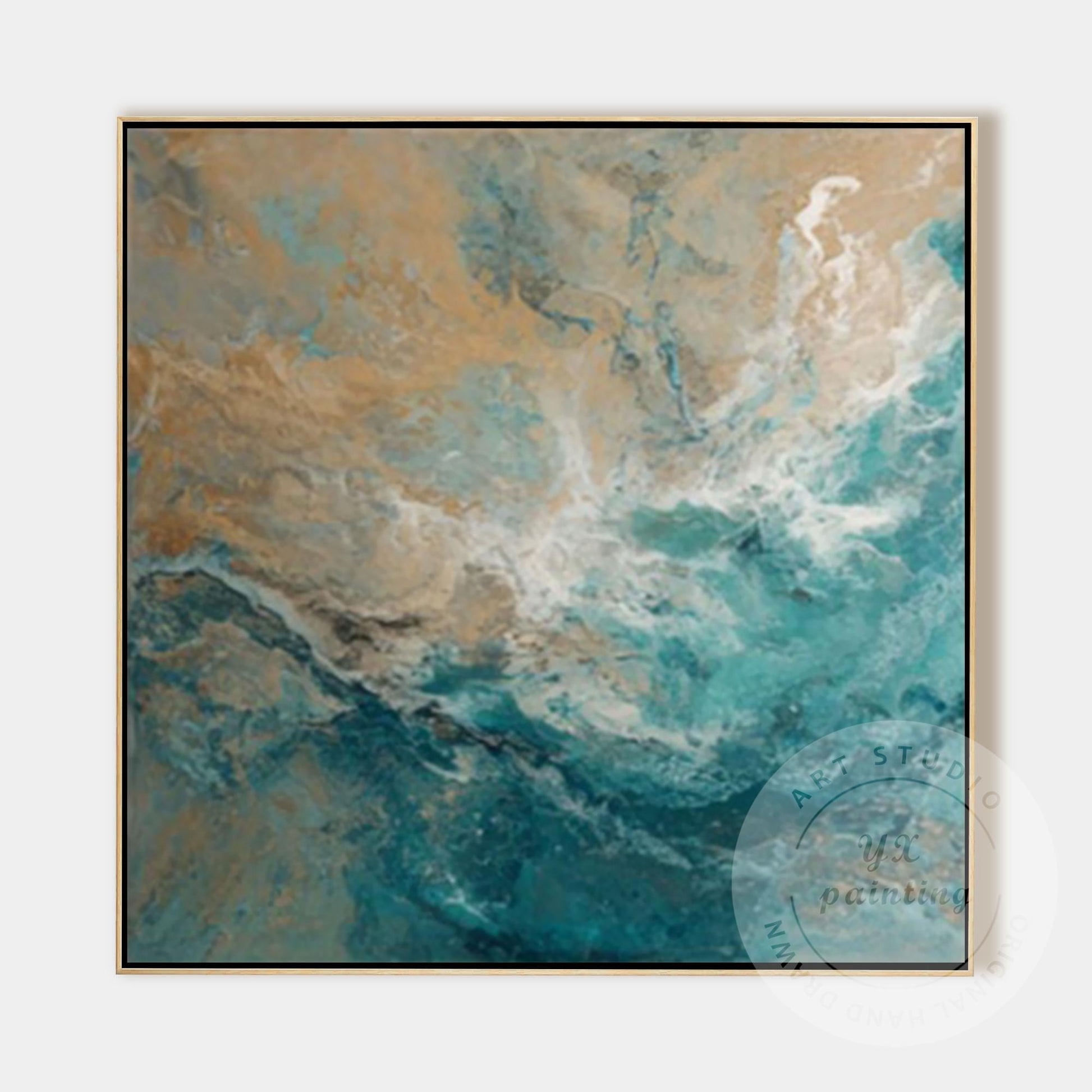 Large Abstract Ocean Wall Art, Teal Blue Coastal Painting, Beige Sea Wave Canvas #11
