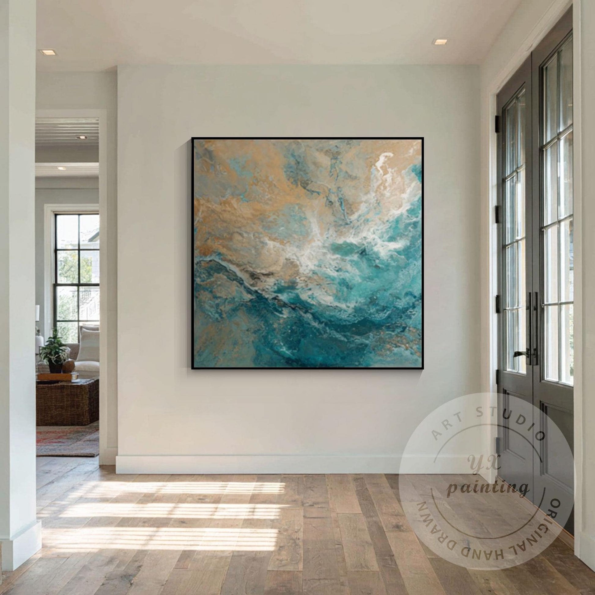 Large Abstract Ocean Wall Art, Teal Blue Coastal Painting, Beige Sea Wave Canvas #3