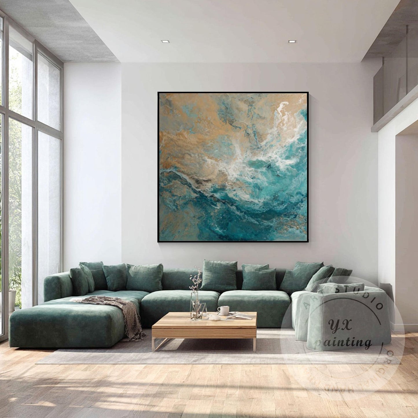 Large Abstract Ocean Wall Art, Teal Blue Coastal Painting, Beige Sea Wave Canvas #4