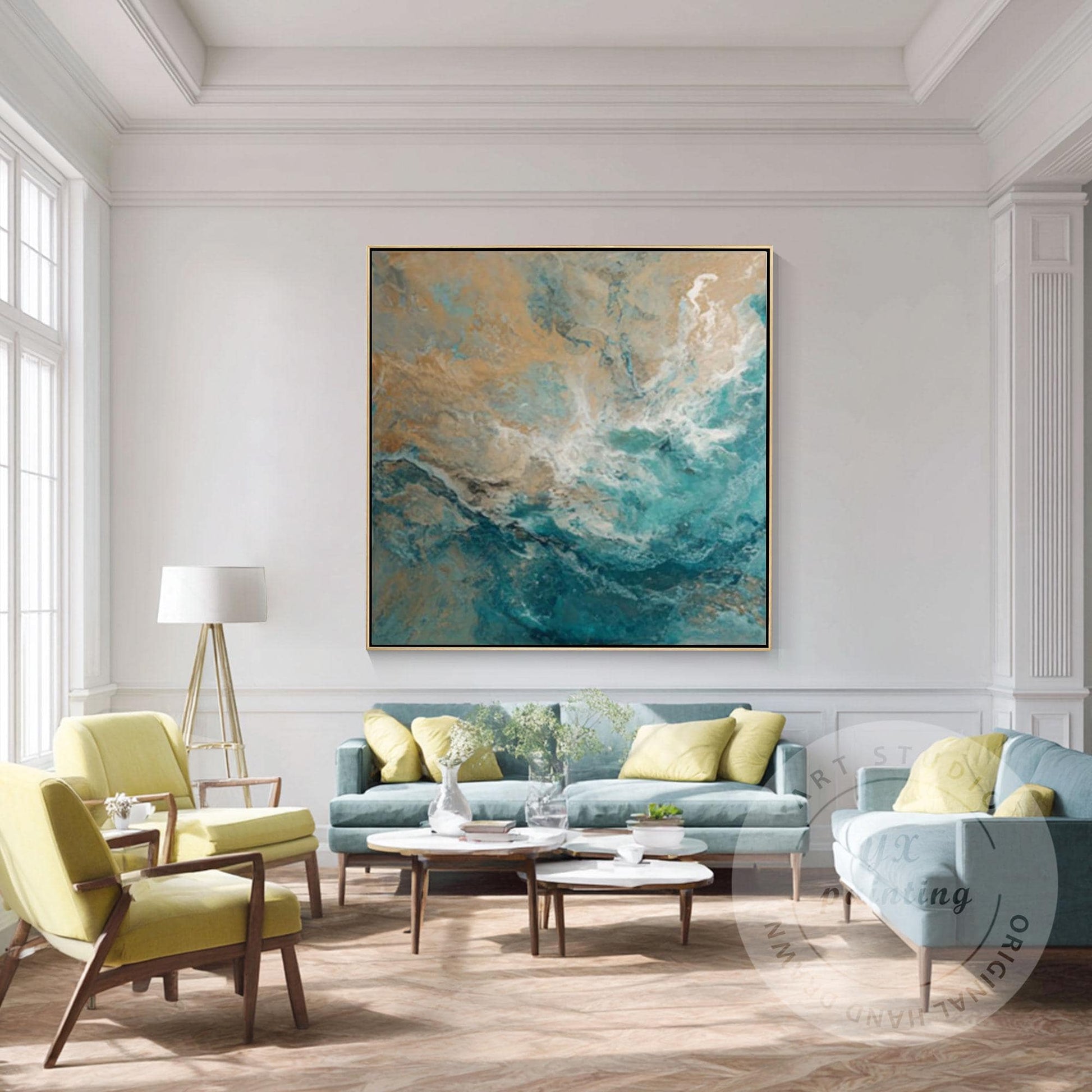 Large Abstract Ocean Wall Art, Teal Blue Coastal Painting, Beige Sea Wave Canvas #5