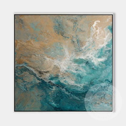 Large Abstract Ocean Wall Art, Teal Blue Coastal Painting, Beige Sea Wave Canvas #6
