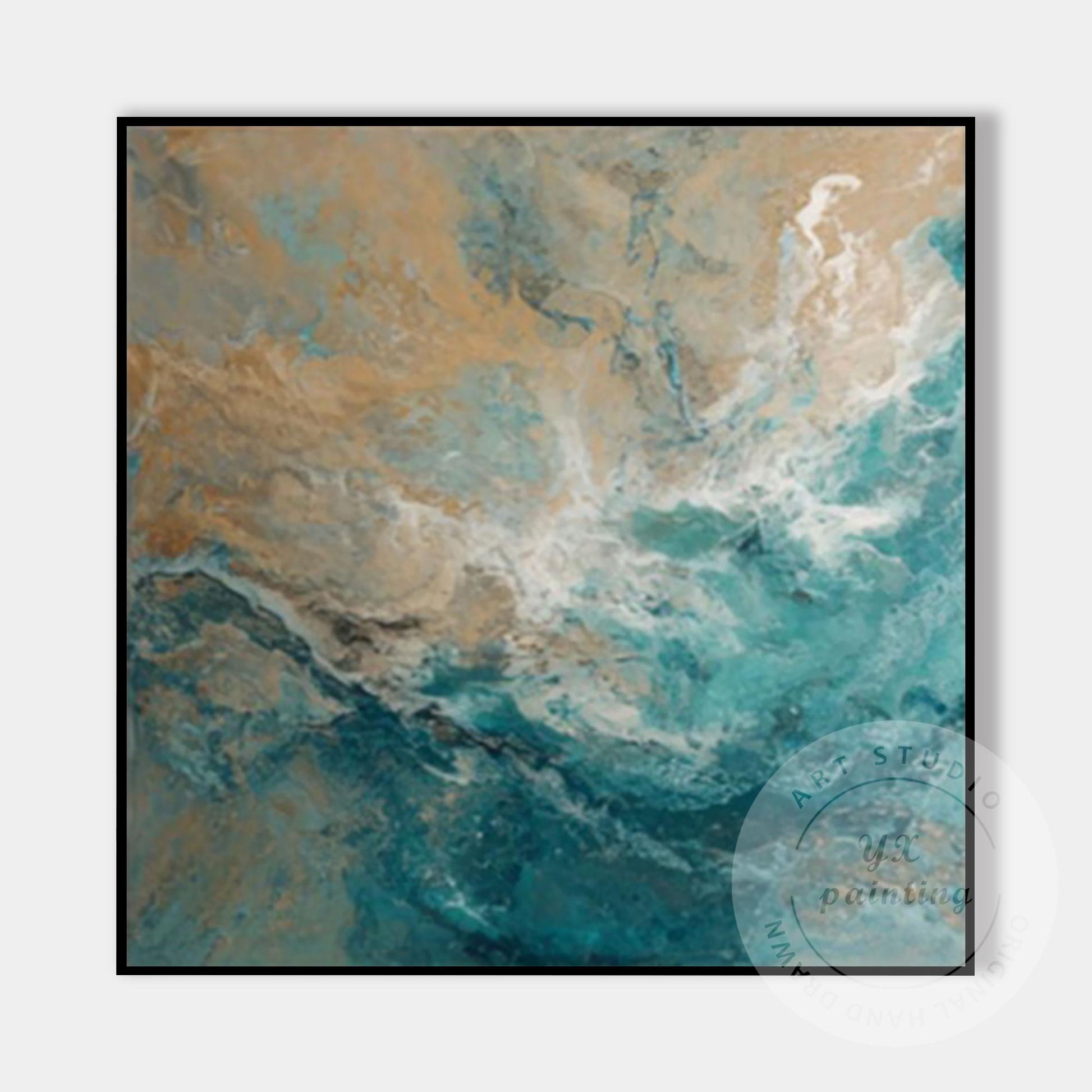 Large Abstract Ocean Wall Art, Teal Blue Coastal Painting, Beige Sea Wave Canvas #7