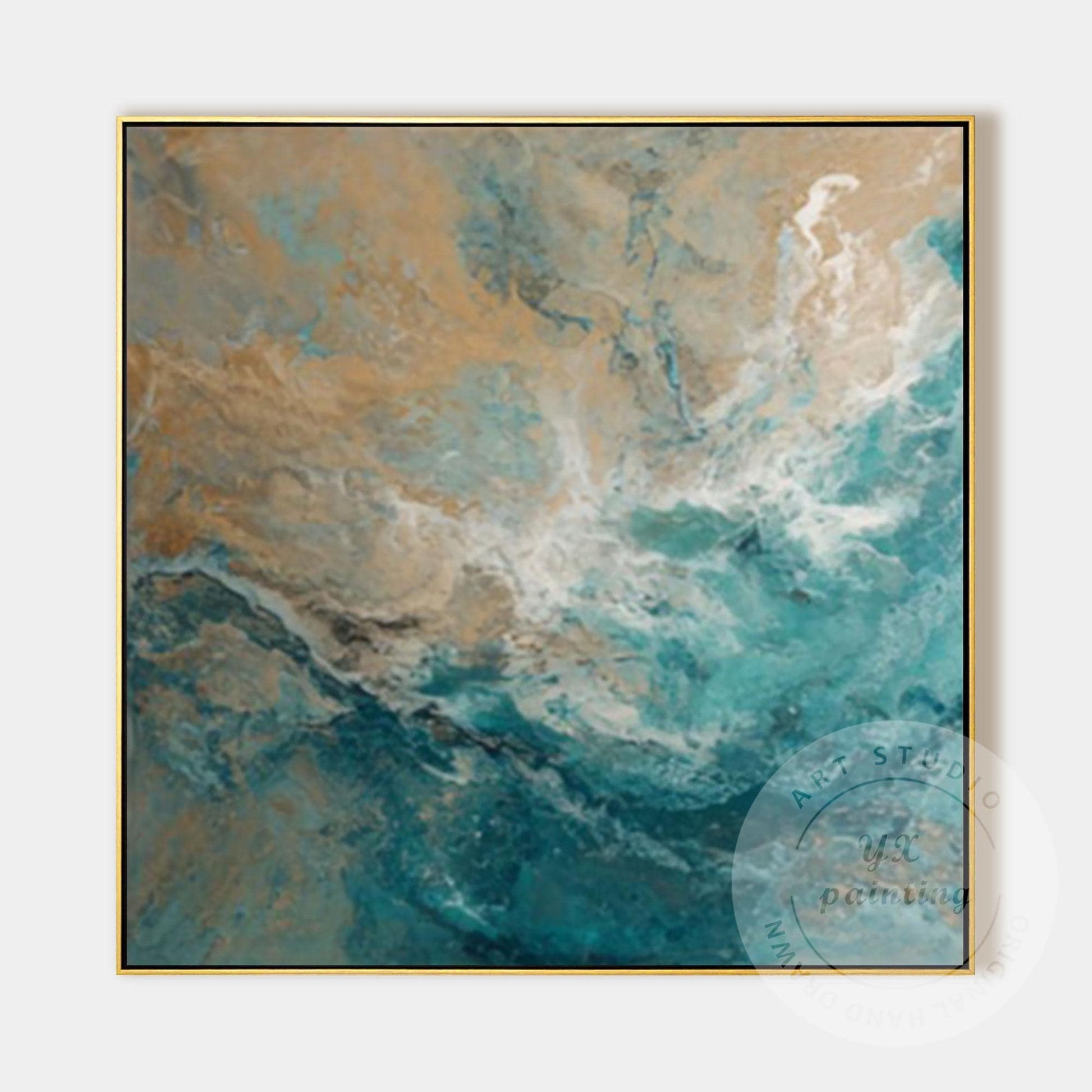 Large Abstract Ocean Wall Art, Teal Blue Coastal Painting, Beige Sea Wave Canvas #8