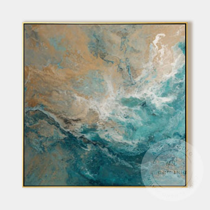 Large Abstract Ocean Wall Art, Teal Blue Coastal Painting, Beige Sea Wave Canvas #8