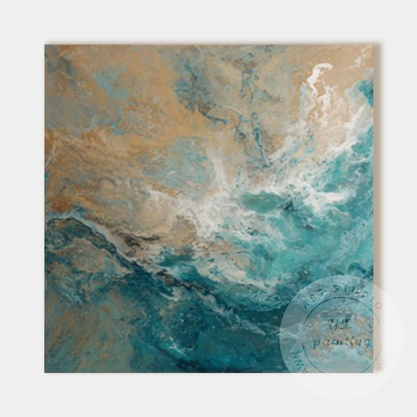 Large Abstract Ocean Wall Art, Teal Blue Coastal Painting, Beige Sea Wave Canvas #9