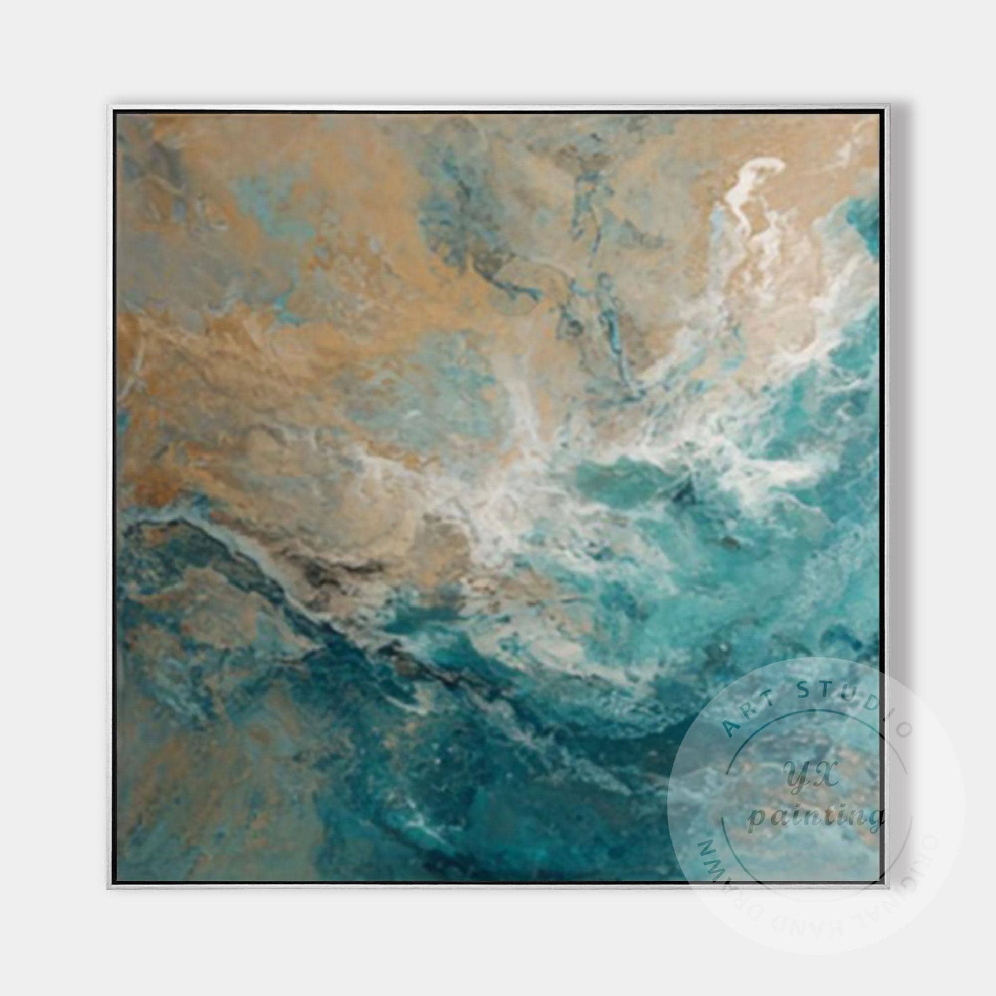 Large Abstract Ocean Wall Art, Teal Blue Coastal Painting, Beige Sea Wave Canvas #10