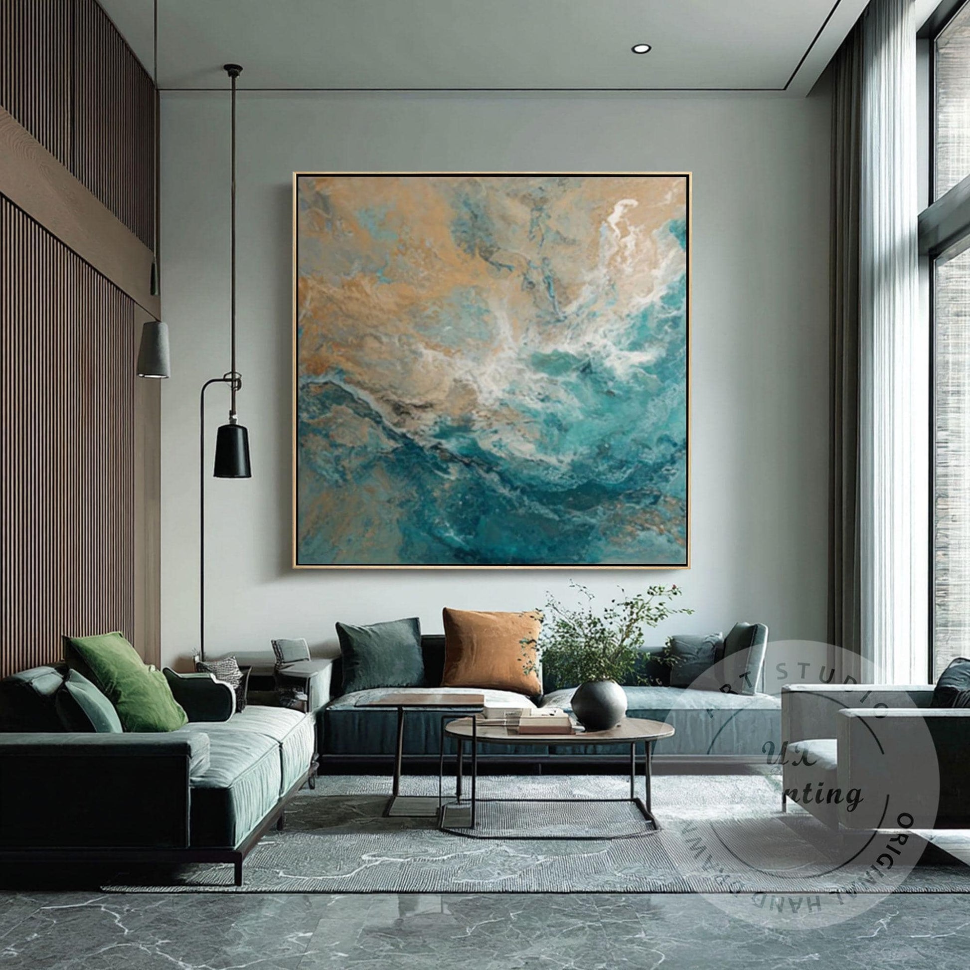 Large Abstract Ocean Wall Art, Teal Blue Coastal Painting, Beige Sea Wave Canvas #1