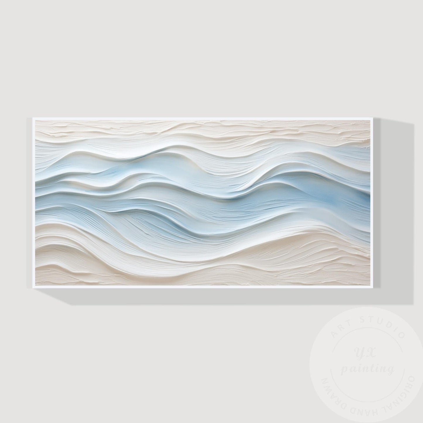 Large Abstract Textured Wave Painting, Minimalist Neutral Beige and Blue Canvas  #12