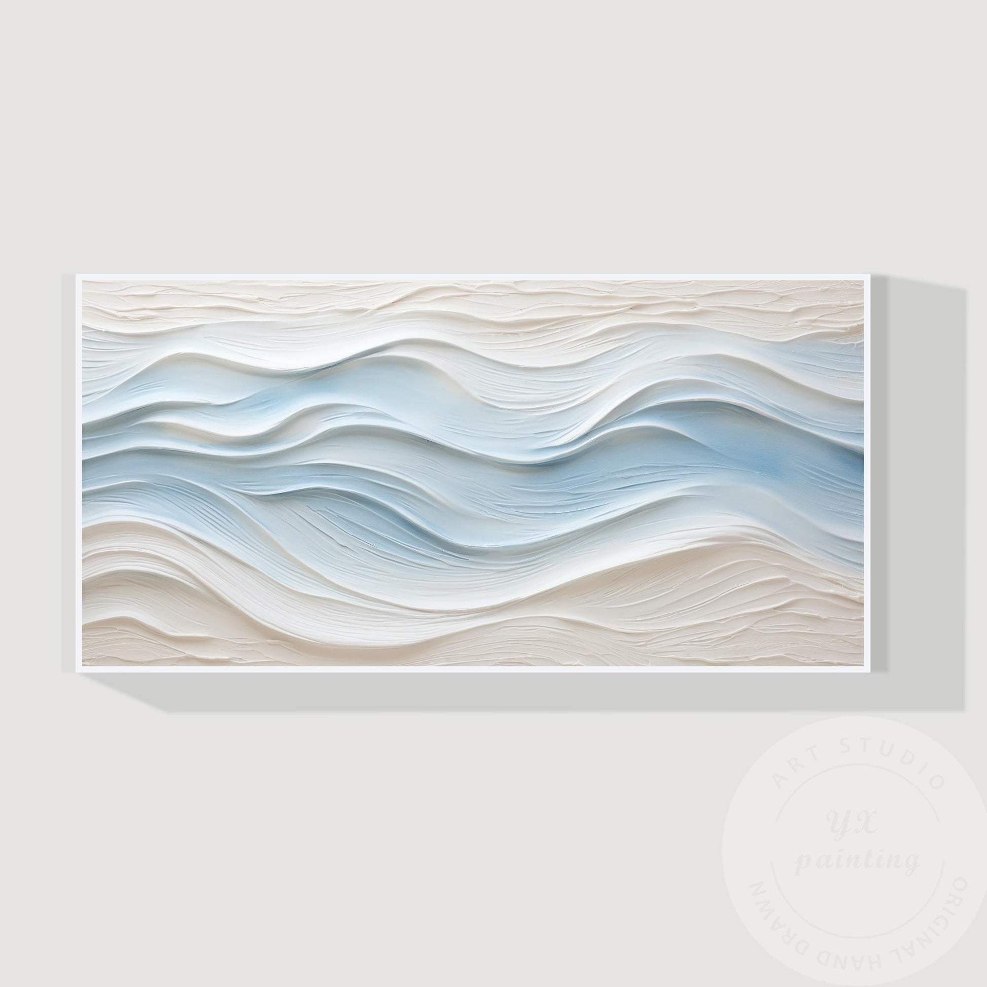 Large Abstract Textured Wave Painting, Minimalist Neutral Beige and Blue Canvas  #12