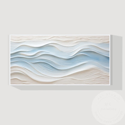 Large Abstract Textured Wave Painting, Minimalist Neutral Beige and Blue Canvas  #12