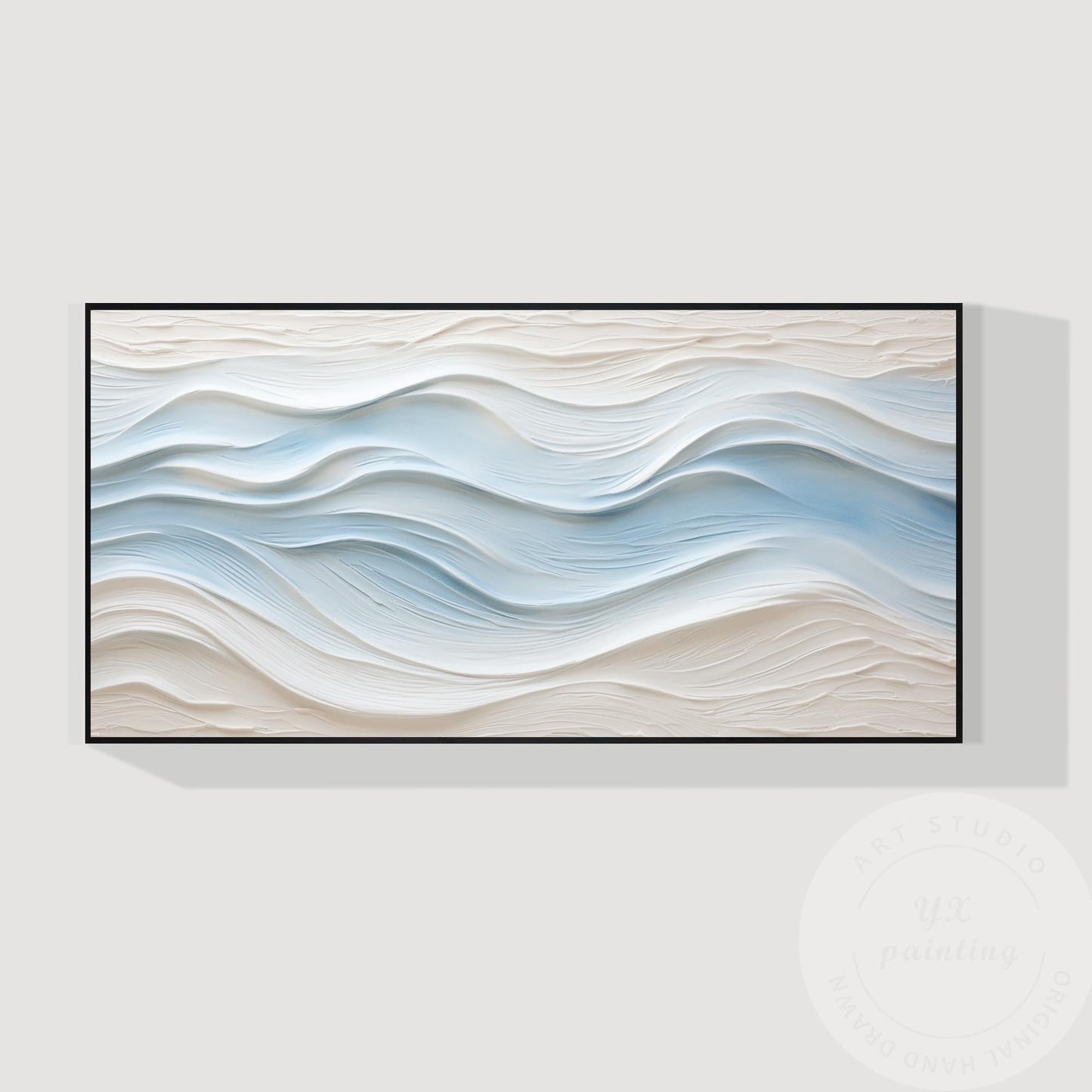 Large Abstract Textured Wave Painting, Minimalist Neutral Beige and Blue Canvas  #13