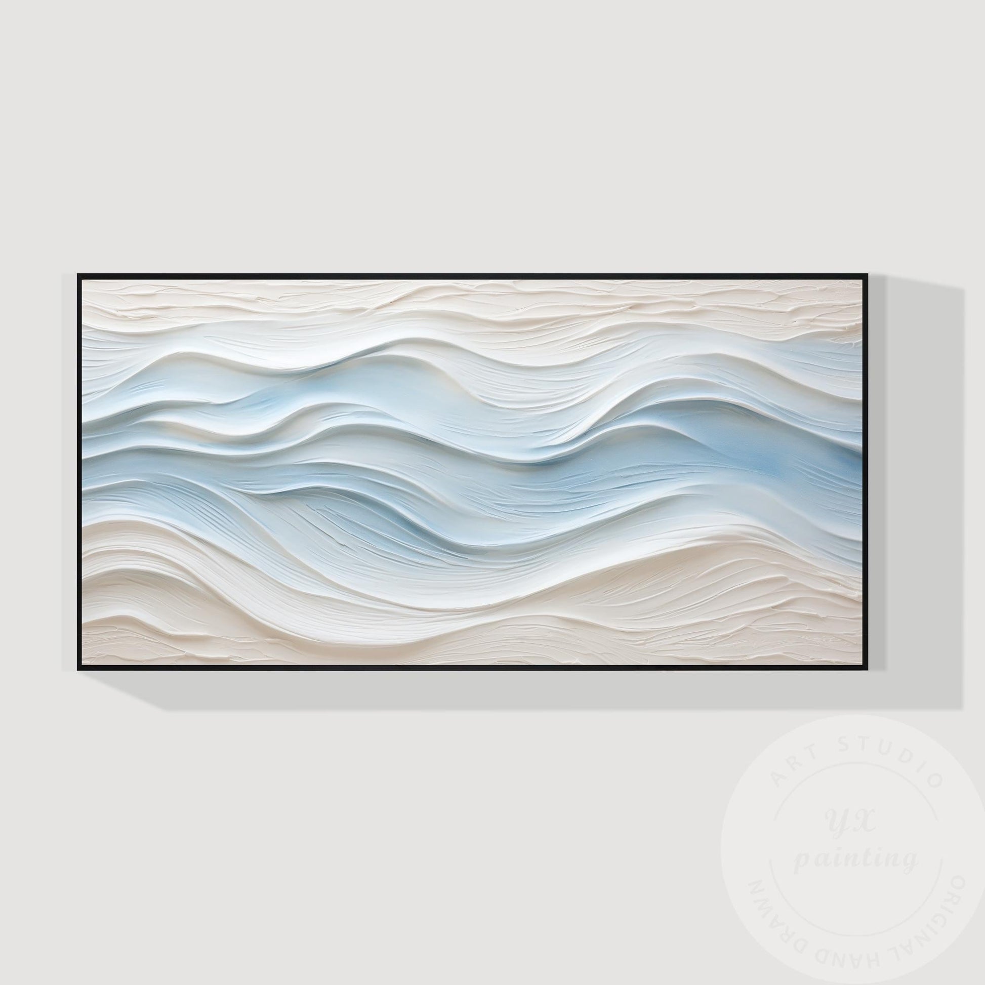 Large Abstract Textured Wave Painting, Minimalist Neutral Beige and Blue Canvas  #13