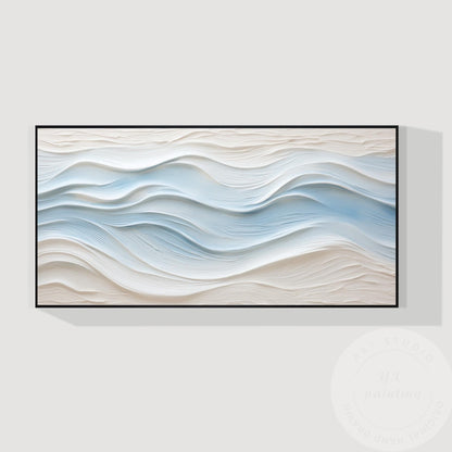 Large Abstract Textured Wave Painting, Minimalist Neutral Beige and Blue Canvas  #13
