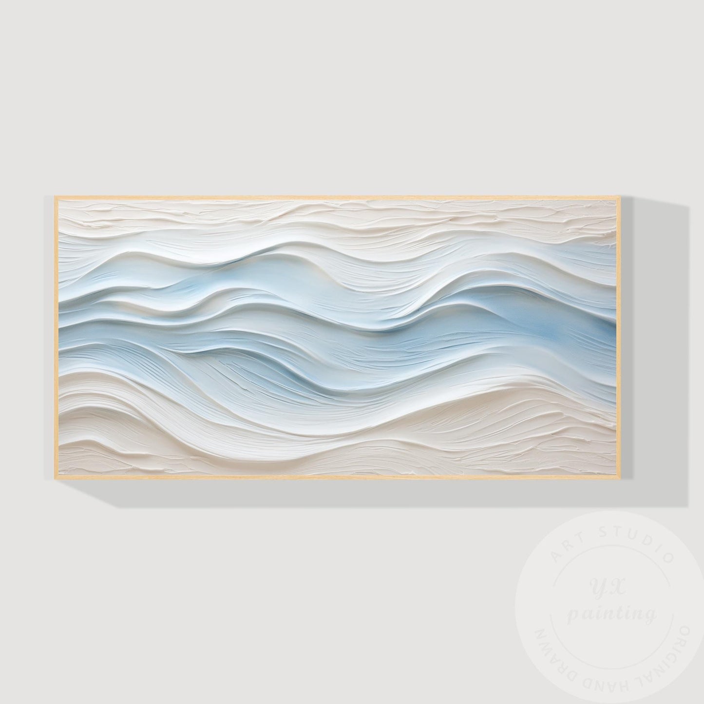 Large Abstract Textured Wave Painting, Minimalist Neutral Beige and Blue Canvas  #14