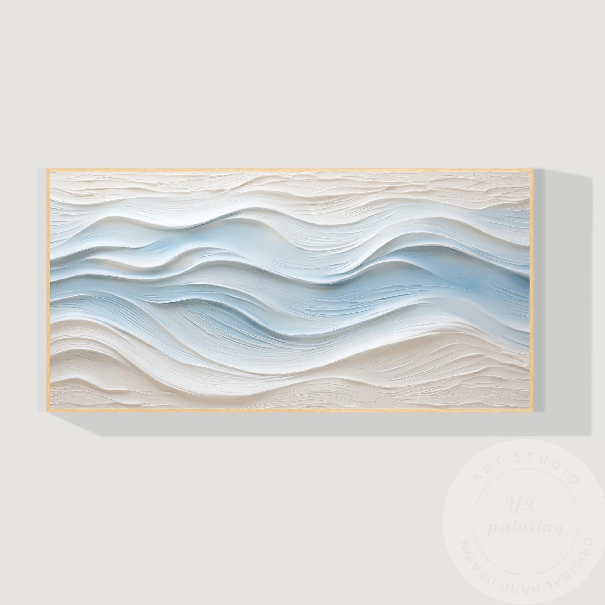 Large Abstract Textured Wave Painting, Minimalist Neutral Beige and Blue Canvas  #14