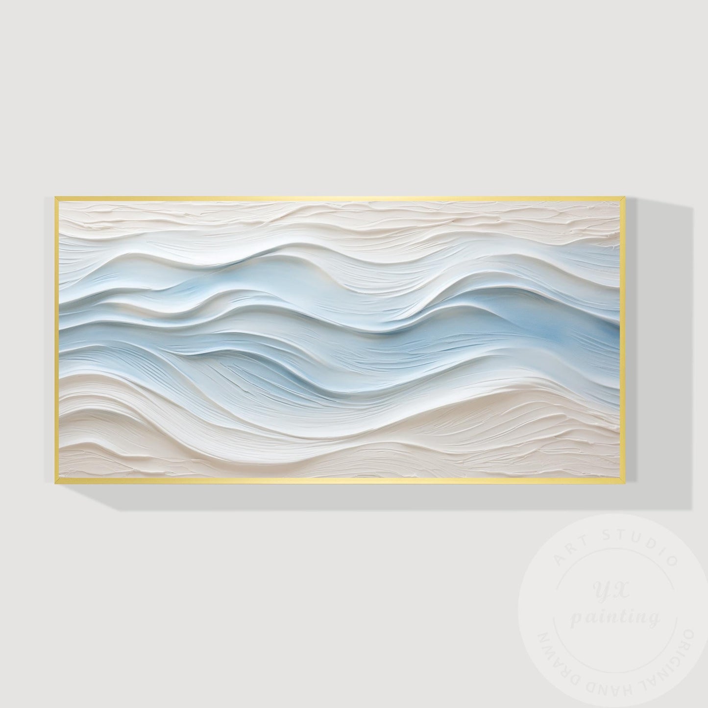 Large Abstract Textured Wave Painting, Minimalist Neutral Beige and Blue Canvas  #15