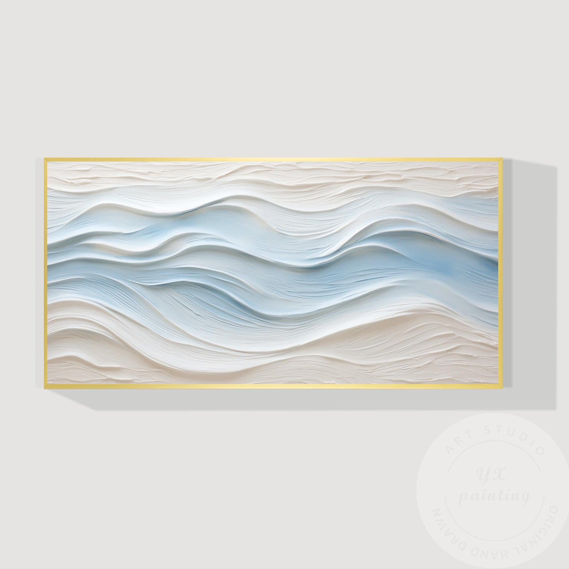 Large Abstract Textured Wave Painting, Minimalist Neutral Beige and Blue Canvas  #15