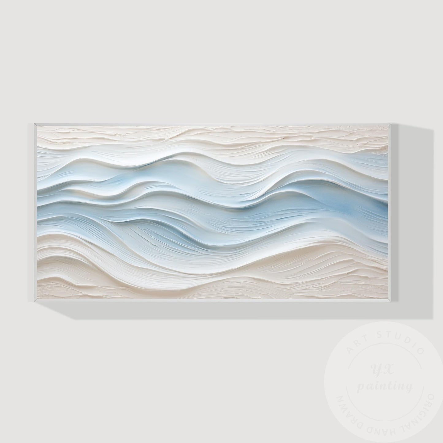 Large Abstract Textured Wave Painting, Minimalist Neutral Beige and Blue Canvas  #16