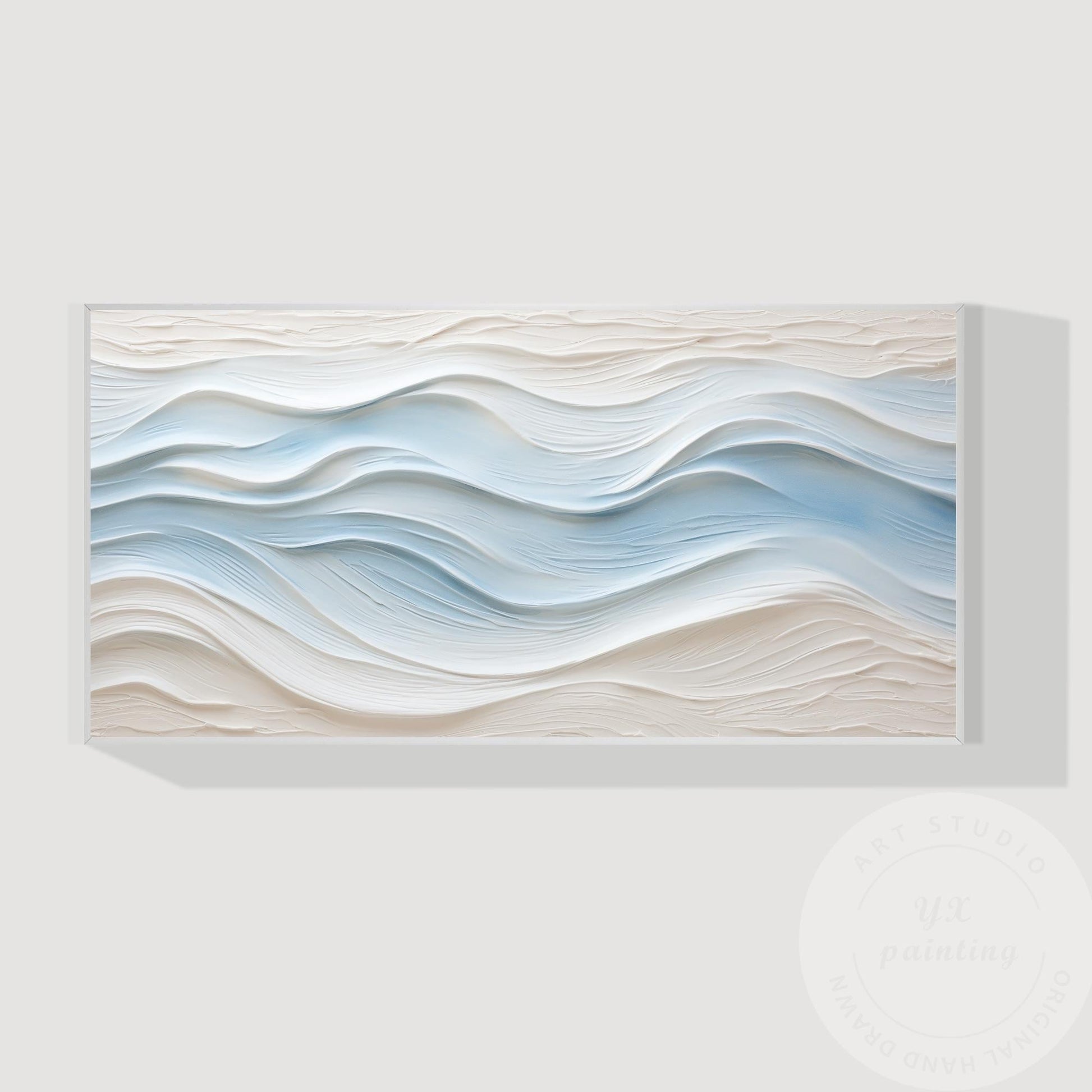 Large Abstract Textured Wave Painting, Minimalist Neutral Beige and Blue Canvas  #16