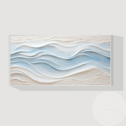 Large Abstract Textured Wave Painting, Minimalist Neutral Beige and Blue Canvas  #16