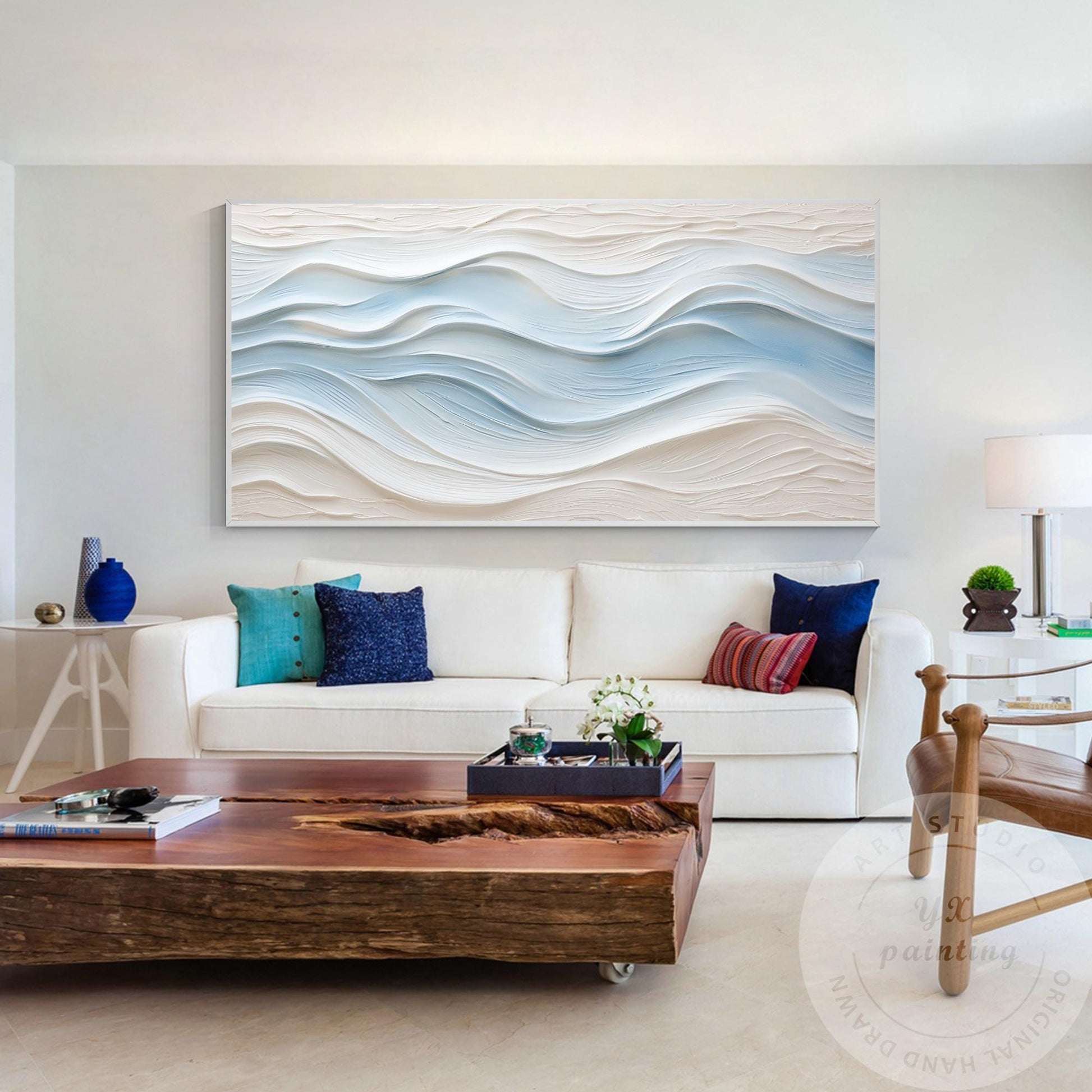 Large Abstract Textured Wave Painting, Minimalist Neutral Beige and Blue Canvas  #3