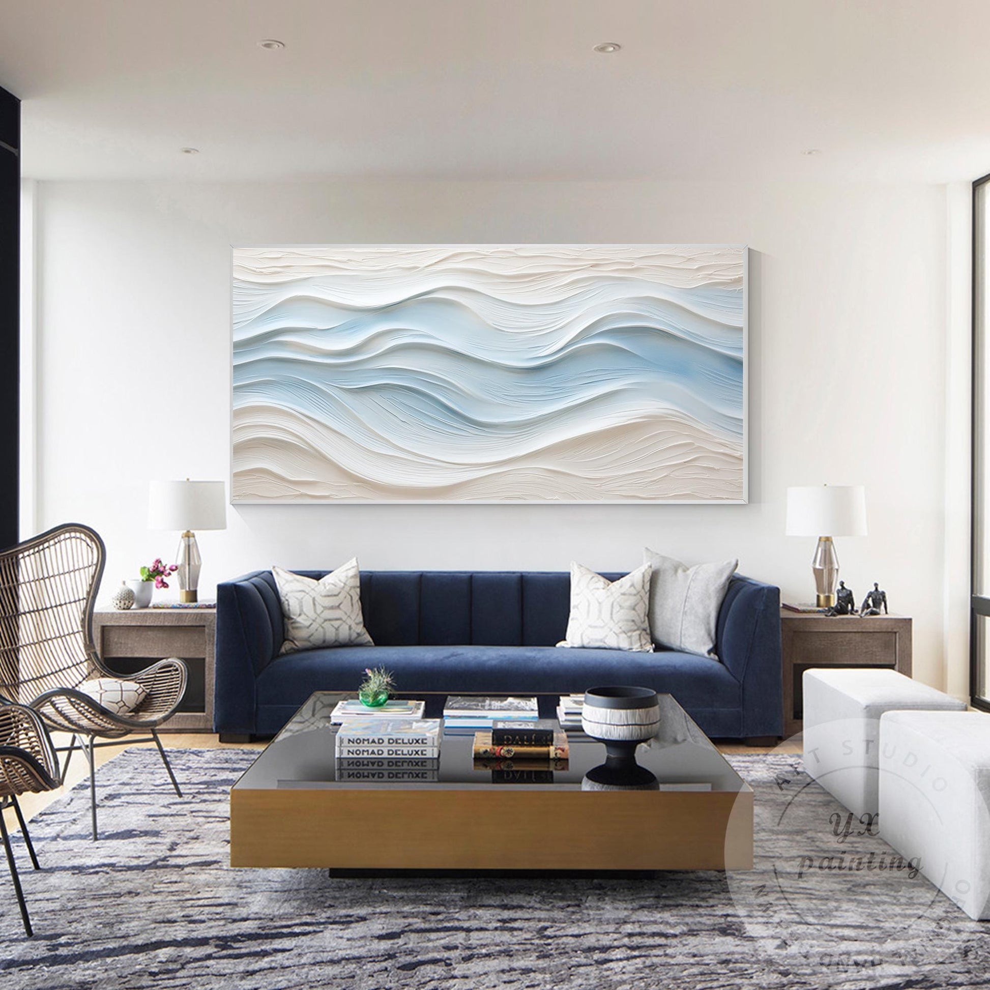 Large Abstract Textured Wave Painting, Minimalist Neutral Beige and Blue Canvas  #4