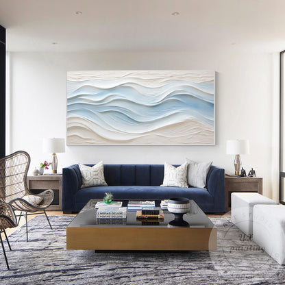 Large Abstract Textured Wave Painting, Minimalist Neutral Beige and Blue Canvas  #4