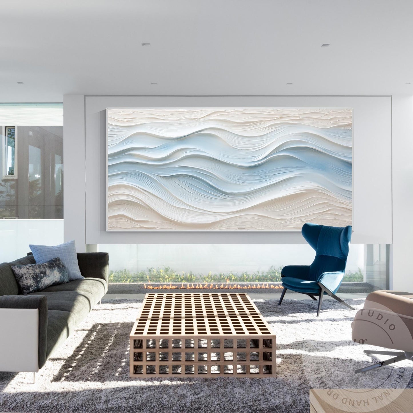 Large Abstract Textured Wave Painting, Minimalist Neutral Beige and Blue Canvas  #5