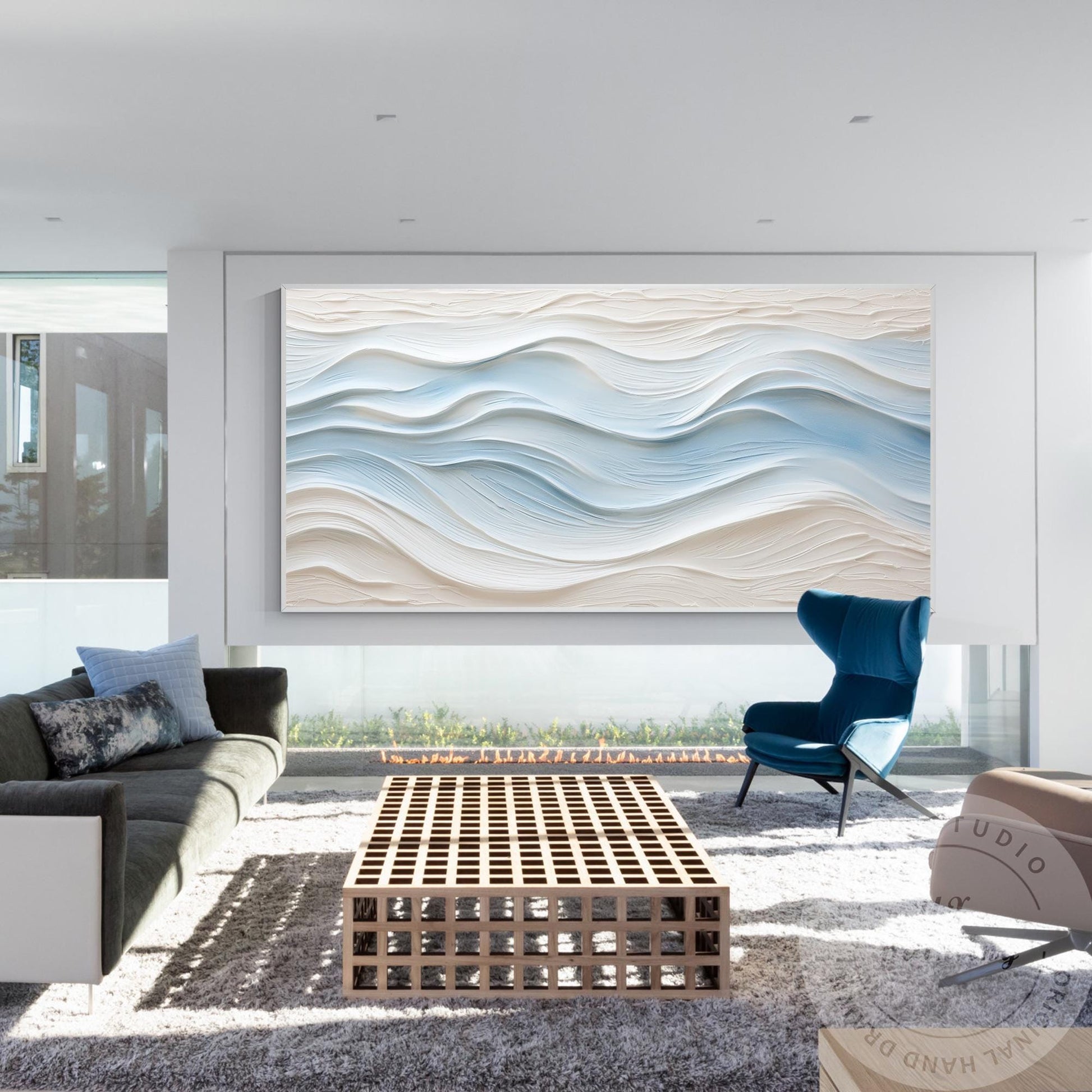 Large Abstract Textured Wave Painting, Minimalist Neutral Beige and Blue Canvas  #5