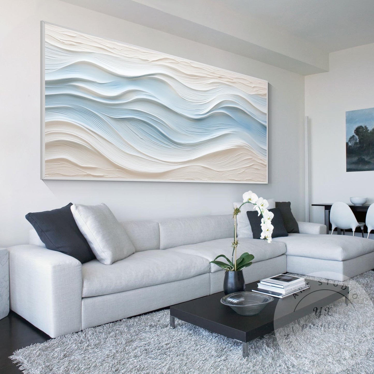Large Abstract Textured Wave Painting, Minimalist Neutral Beige and Blue Canvas  #1
