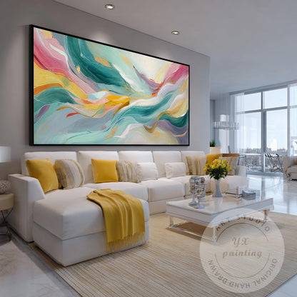 Large Abstract Wave Painting, Teal Pink Wall Art, Modern Luxury Canvas, Hand Pai #2
